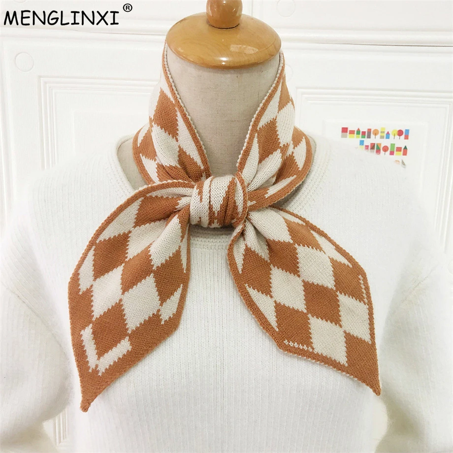 Geometric Plaid Winter Scarf Brand Knitted Scarf Sharp Angle Women Scarf Long Skinny Small Scarf Female Neckerchief Scarves