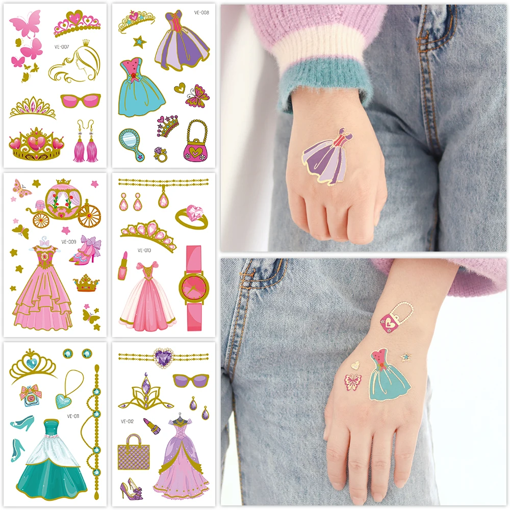 VeeCharm - Princess Temporary Tattoo Stickers, Cute Cartoon Designs with Gold Metallic Shine, for Kids' Playtime, 1/12/24 Sheet