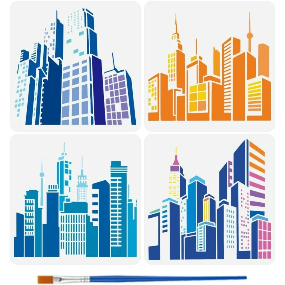 

4 Pcs 4 Styles Artistic Cityscape Painting Template with Brush 11.8x11.8inch City Snapshot Painting Template Reusable DIY Art