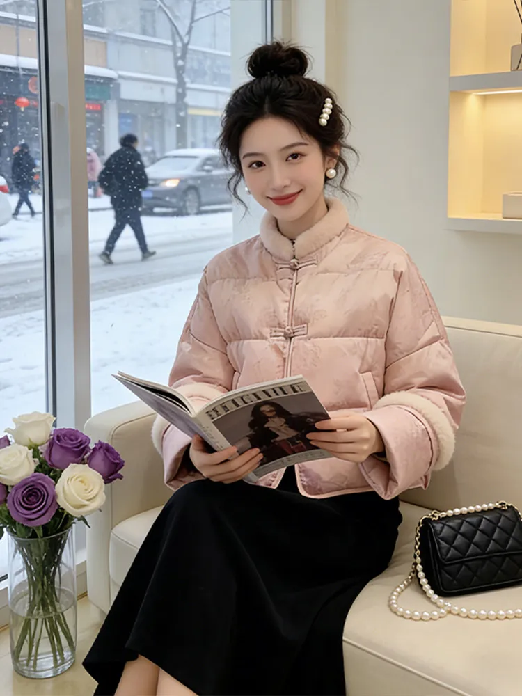 

New Chinese Sle National Trend down Cotton Jaet High Waist Skirt Two Piece Set Winter Faion Women's Ensemble