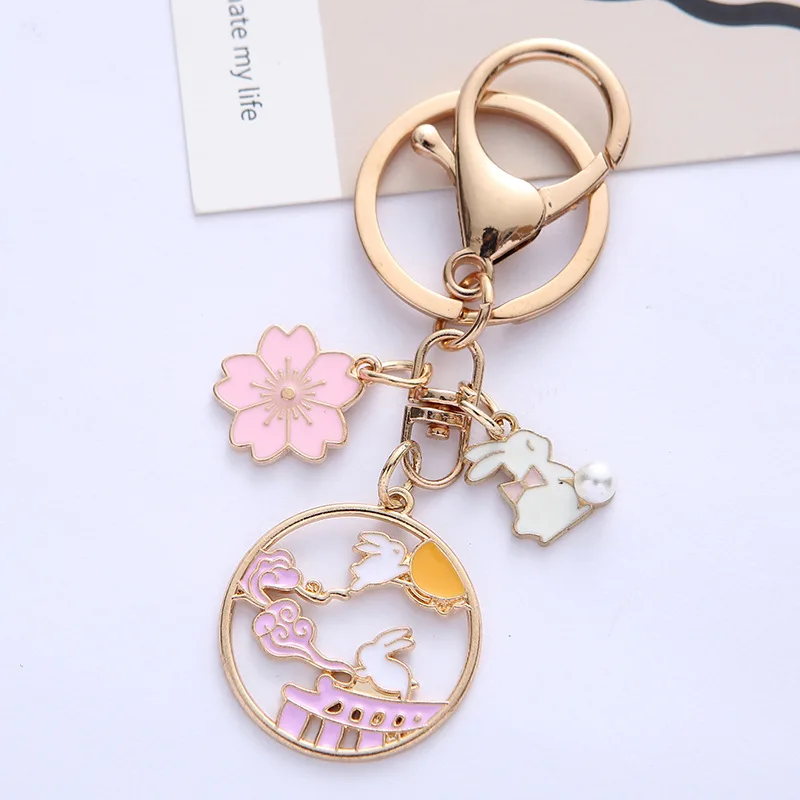 Cute Enamel Cherry Blossom Rabbit Keychain for Women