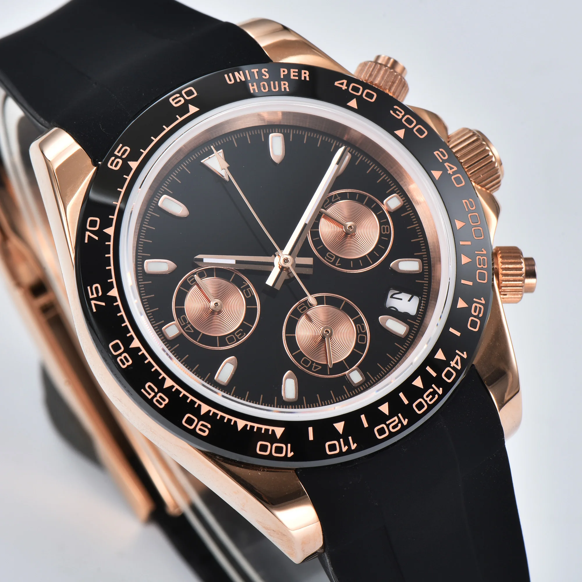 40mm 럭셔리 크로노 그래프 남자 시계 40mm 로즈 골드 케이스 사파이어 그린 빛나는 석영 남자 시계