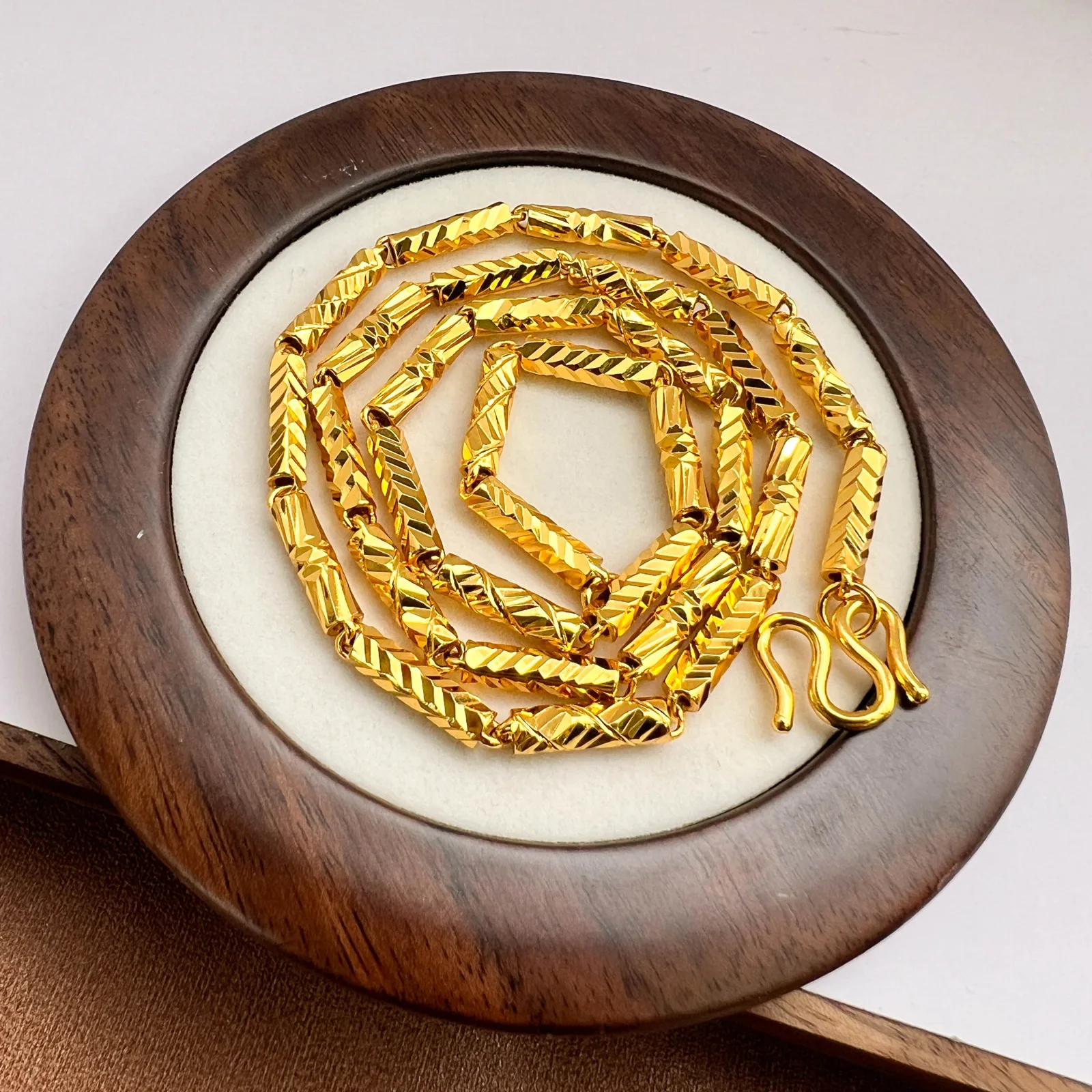 Luxury 24K 9999 Pure Gold real gold Hollow Cylindrical Hexagon Pattern Men's and Women's Necklace