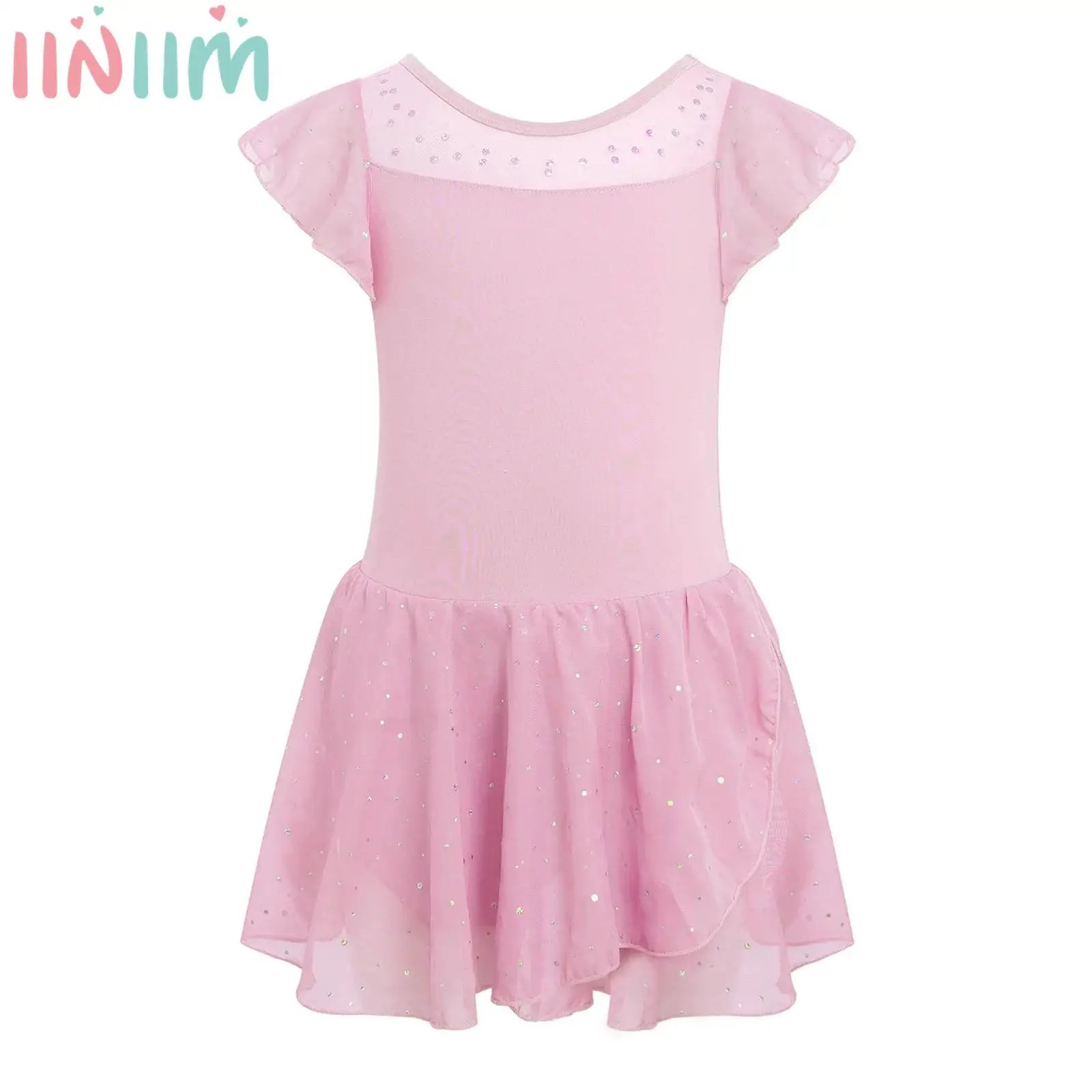 

Сетчатое шифоновое танцевальное платье с пайетками и рюшами на рукавах, балетное трико для девочек, для выступлений и соревнований