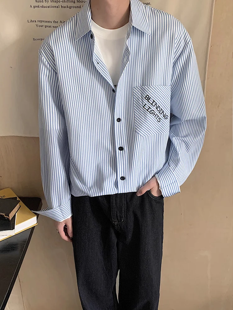 

Light Blue Striped Long Sve Casual Loose Men's irt Trendy Korean Sle Spring Autumn Versatile Loose Fit Dancewear