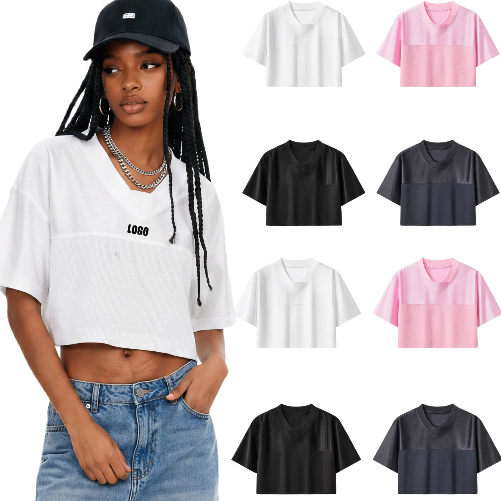 

Custom LOGO women's V-neck Spice Girl summer retro American open-button splicing mesh breathable short-sleeved top