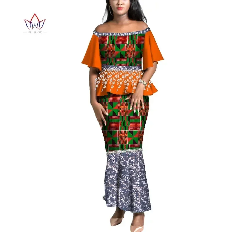 

BRW New Style African Skirt Set For Women Dashiki Off Shoulder Sleeve African Clothes Bazin Plus Size Dress for Wedding WY4345