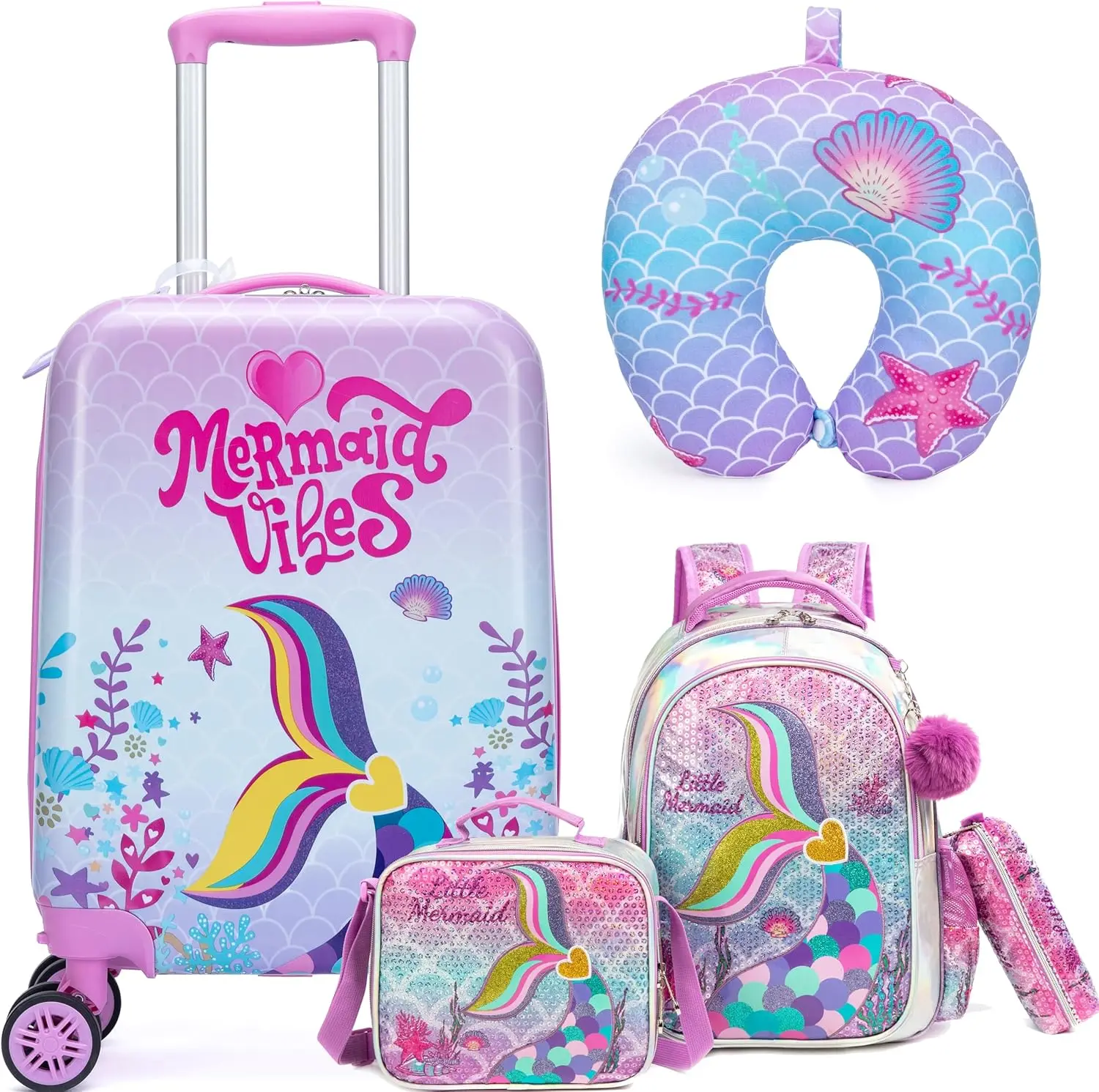 

Pink Mermaid Kids Luggage Set: 5-Piece Hardside Suitcase with Spinner Wheels, Airline Approved for Ages 5+