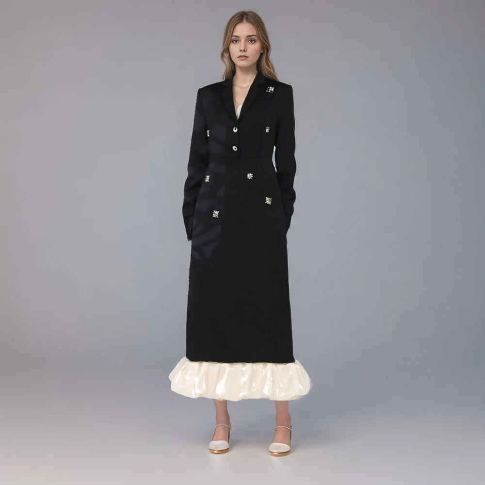 

Patchwork Diamonds Dresses For Women Lapel Long Sleeve Single Breasted Hit Color High Waist Folds Fashion Dress Female
