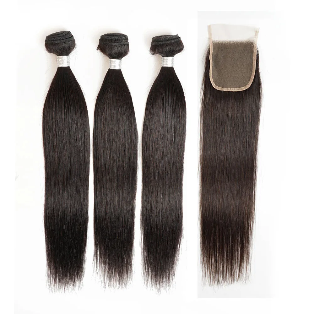 Straight 3 Bundles With 4*4 Lace Closure 300g/lot for One Full Head Remy Indian Human Hair Extension 28 30 32 inches