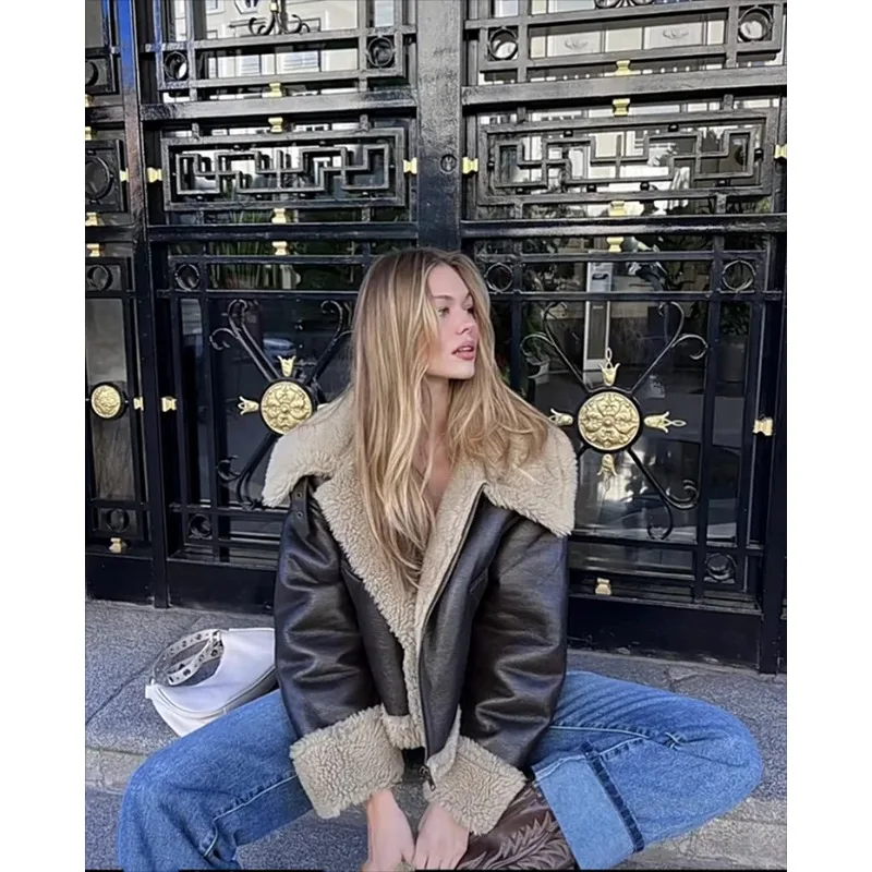 Outono inverno novo feminino engrossado quente dupla face jaqueta curta casaco marrom feminino