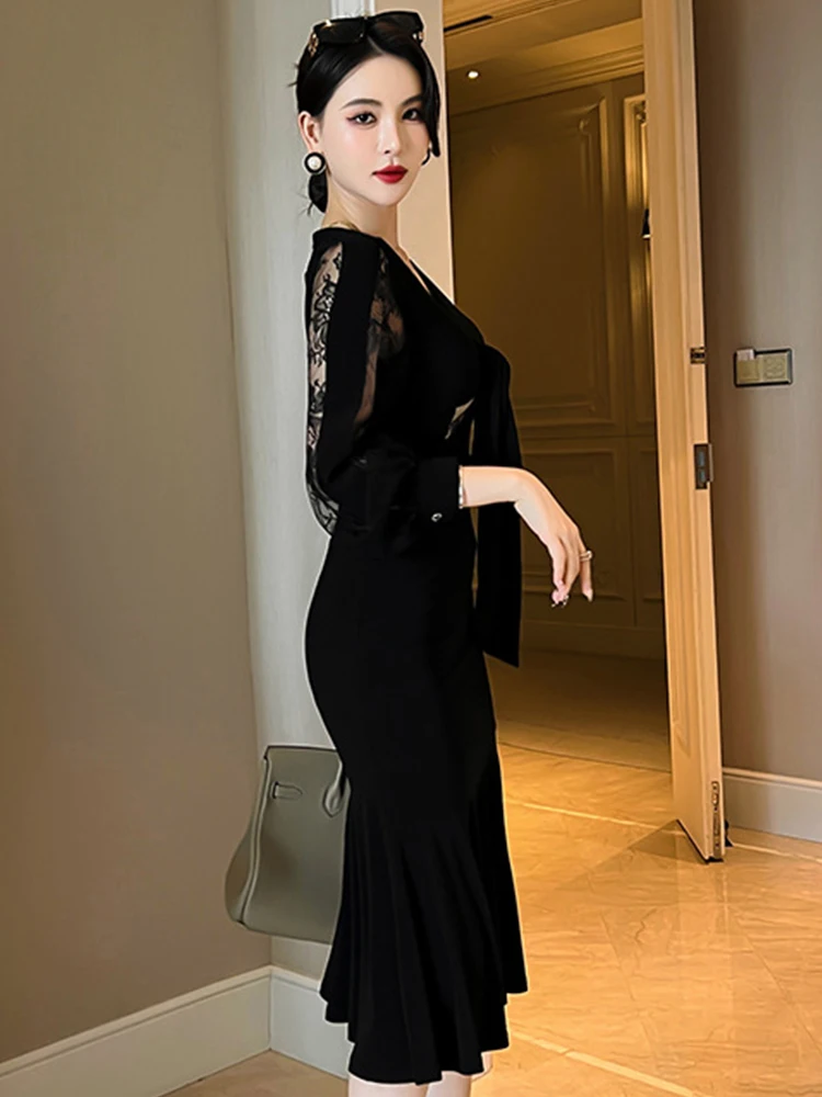 Vestidos de festa vintage elegantes para mulheres chique preto perspectiva renda retalhos fishtail robe bandagem arco manga longa vestido de baile