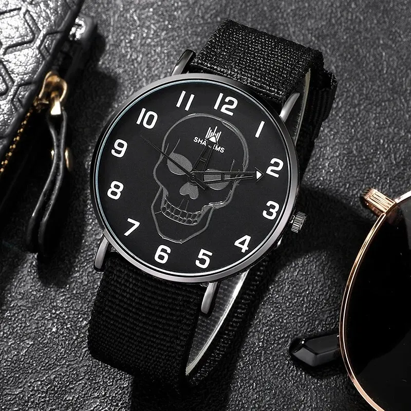 Luxury Classic Skull Dial Design Mens Watch Nylon Strap Sports Watches Casual Black Men Watch Fashion Big Dial Male Clock Relogi