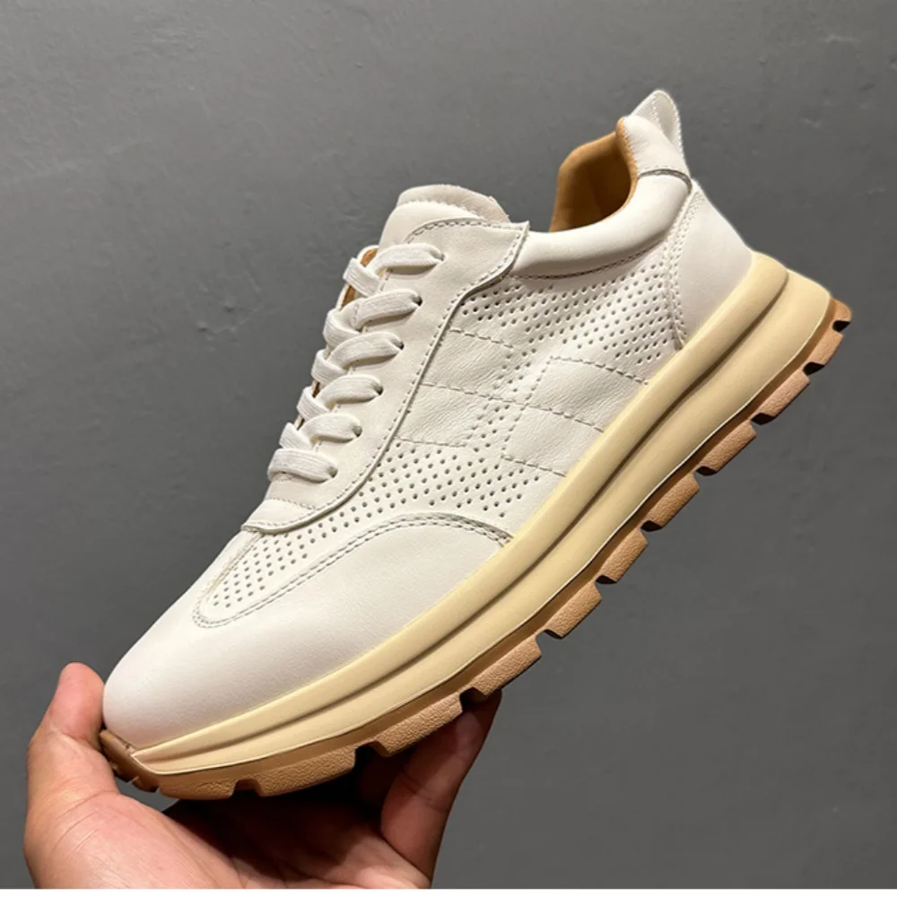 

QHCCID White Casual Sneakers Horsehide Leather Men Sneakers Trend Casual Shoe Breathable Leisure Male Shoes