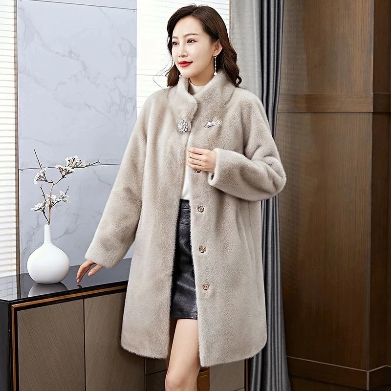 2025 جديد إمرأة دافئ رشاقته معطف فرو المنك ملابس الأم وهمية الفراء سترة الشتاء معطف الفرو سميكة منتصف طول فضفاض المعتاد معطف الفرو