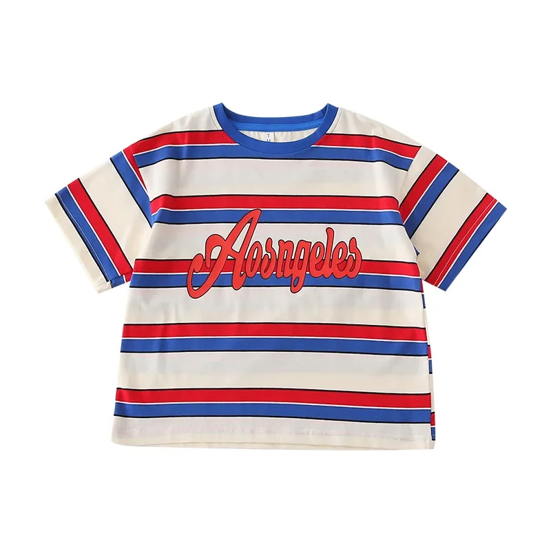 Parent-Child Matching Red Blue Striped T-Shirt Los Angeles Letter Crew Neck Short Sleeve Casual Summer Top for Kids & Adults