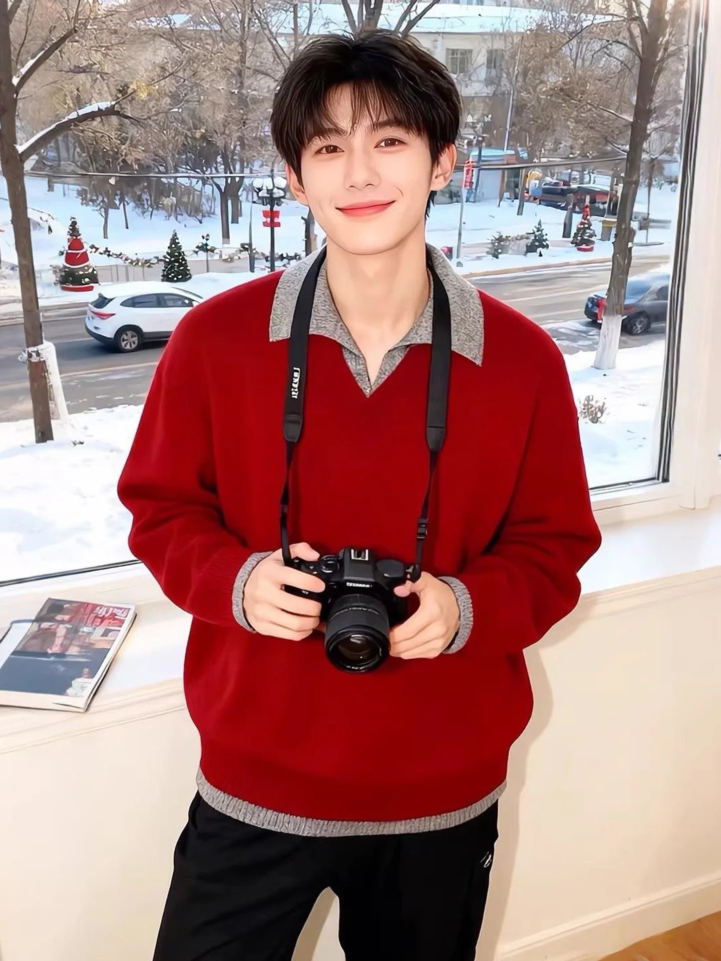 

Red Flip Collar Knitted Sweater for Men Casual Sle Double Layer Fake Two-Piece Loose Fit Comfortable Soft Polyester Fiber