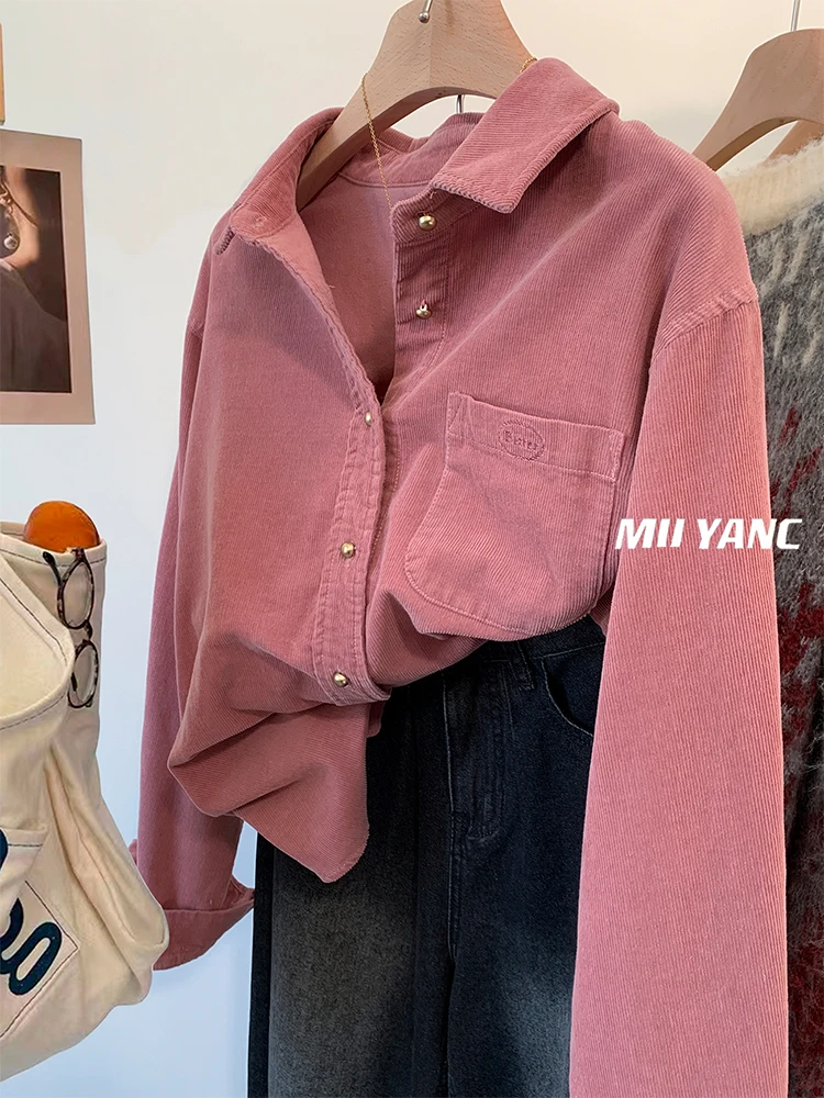 

Женская розовая вельветовая рубашка с длинным рукавом Dongdaemun, осенне-зимняя, на флисовой подкладке, с начесом, в корейском стиле, свободного кроя