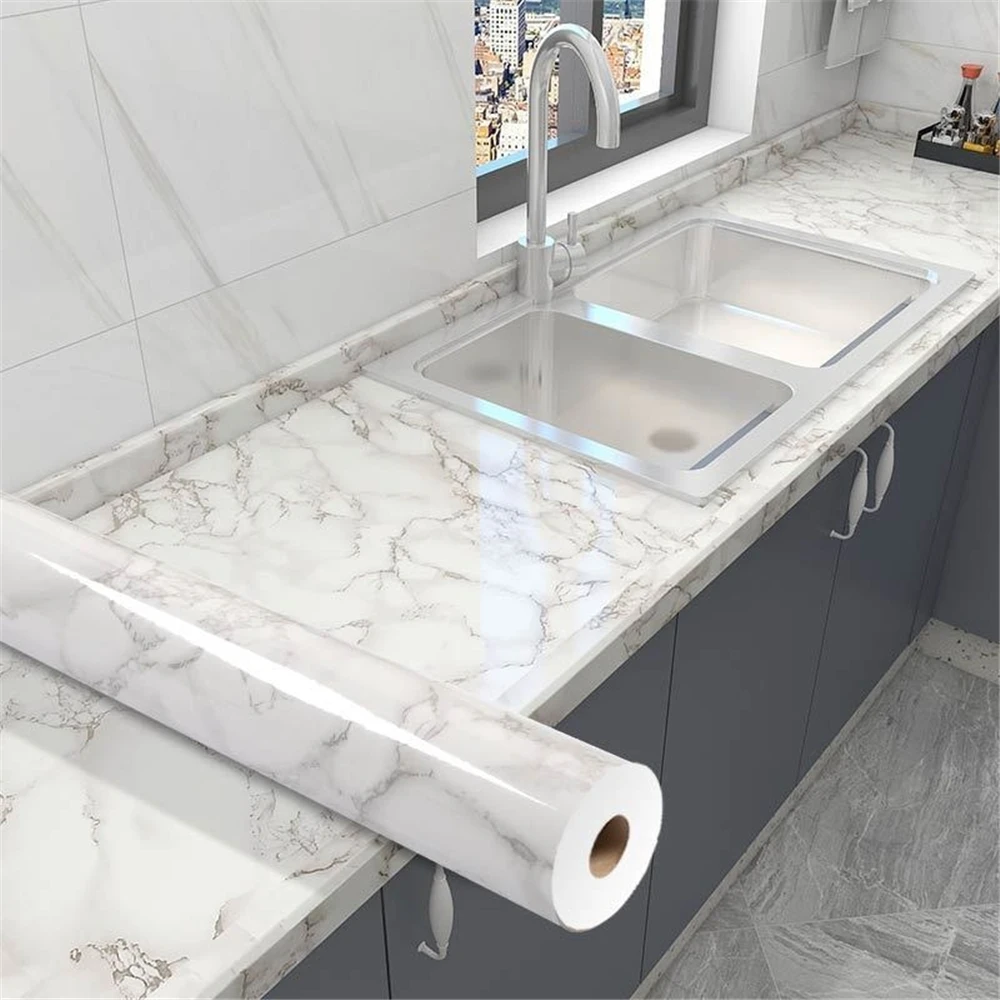 

80/60cm Width Marble Paper PVC Wallpaper Roll Easy To Remove Kitchen Countertop Cabinet Furniture Renovated Thick Wall Sticker