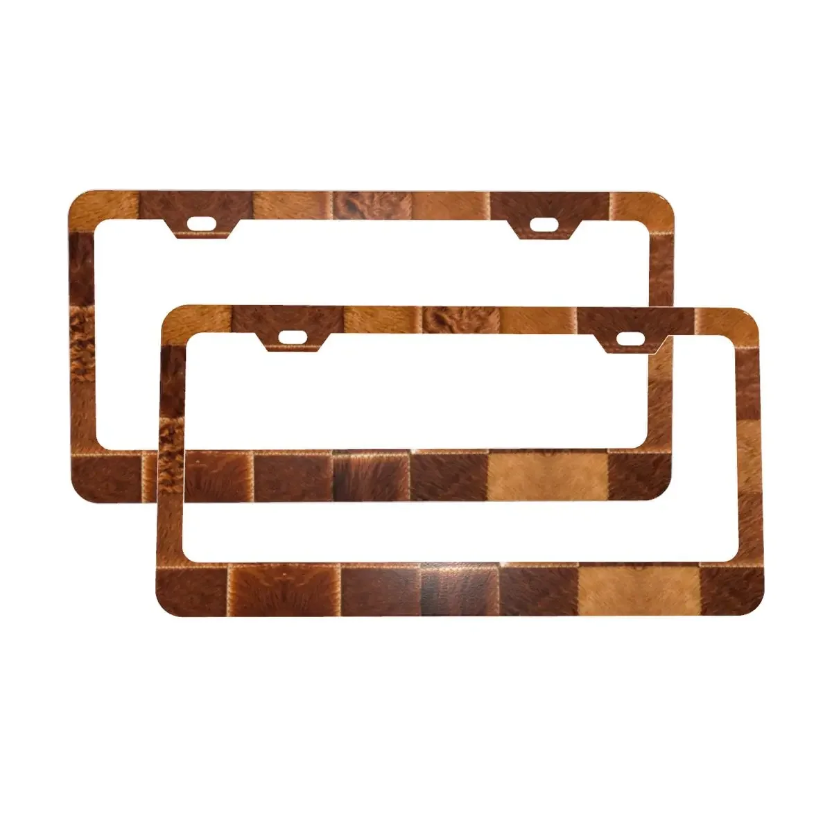 Brown Checkered Cowhide Patche License Plate Frames Animal Fur Leather Texture 2 Packs Decorative Car License Plate Cover Holder