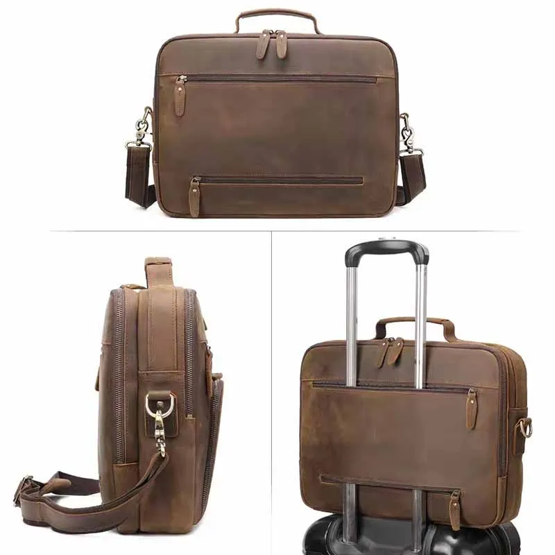 Maleta vintage para homens, cavalo louco, couro genuíno, bolsa portátil de 15,6 ", bolsa de ombro de couro masculino