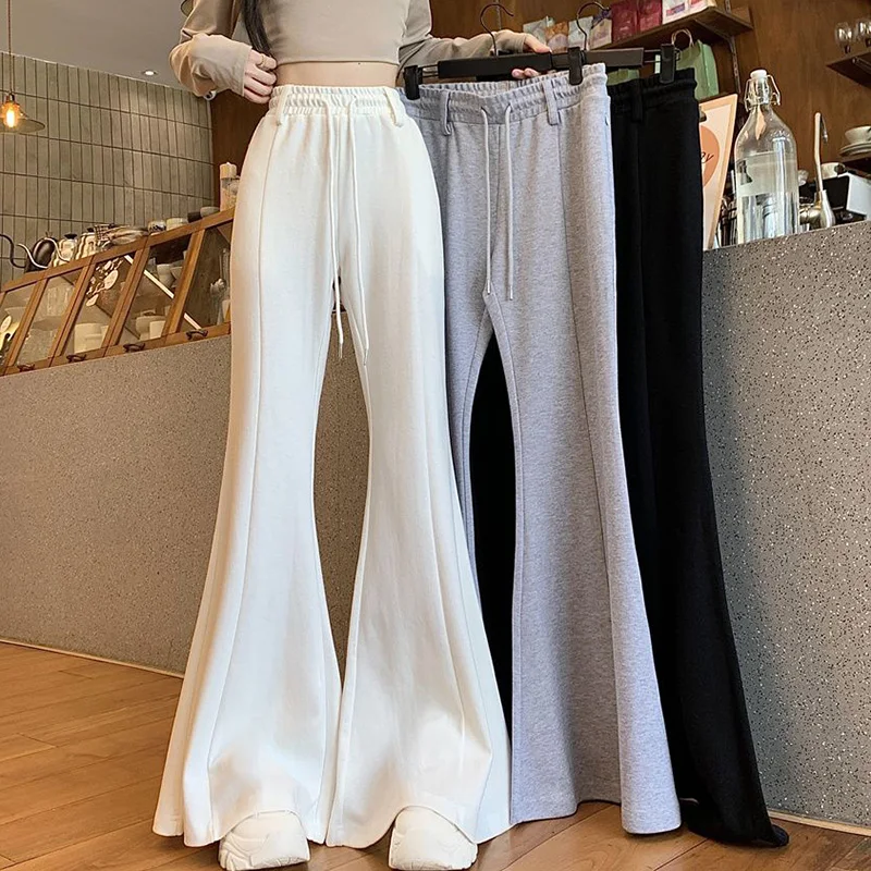 Filles concepteur taille haute pantalon évasé dame coréenne coupe ajustée pantalon décontracté femmes Chic cordon jambe droite pantalon