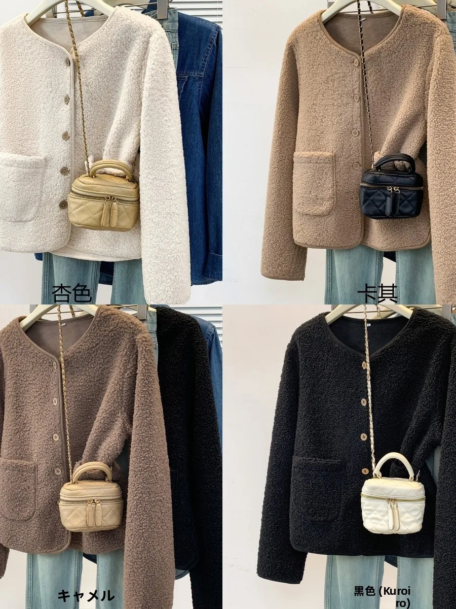 

Large Size Lamb Fur Jacket Lightweight Long Sleeve Women's Winter Coat Warmth Casual High Waist A-Line Skirt round Neck