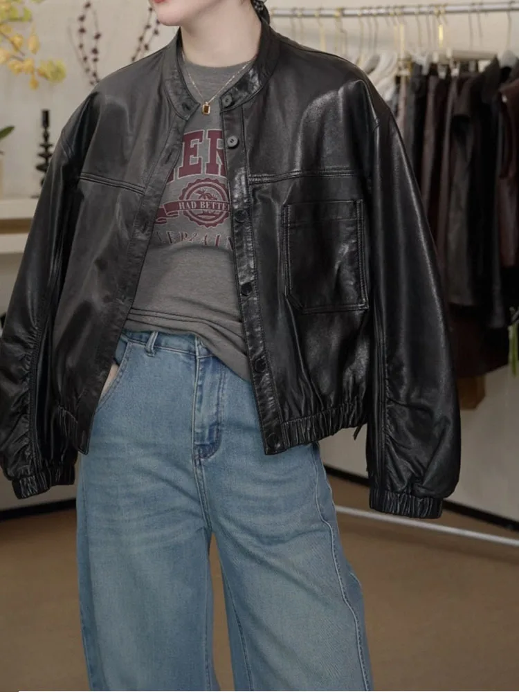 

Короткая куртка-бомбер из овчины, весна 2026, новый стиль, повседневная, стандартный крой, с длинными рукавами, утепленная, на полиэстеровой подкладке