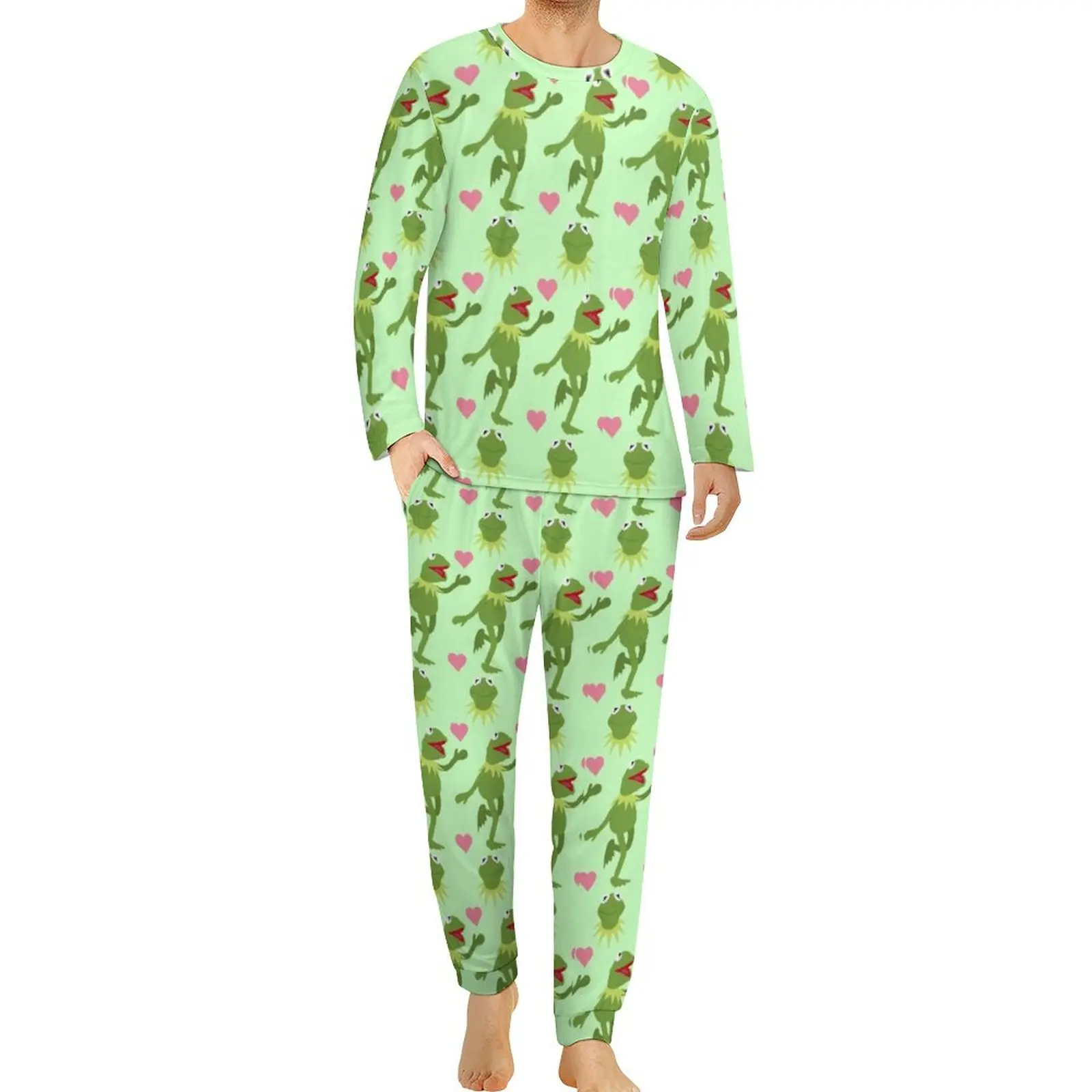 Ensemble de pyjama 2 pièces à manches longues pour hommes, grenouille, animal, dessin animé, cœur rouge, maison, design d\'hiver, cadeau