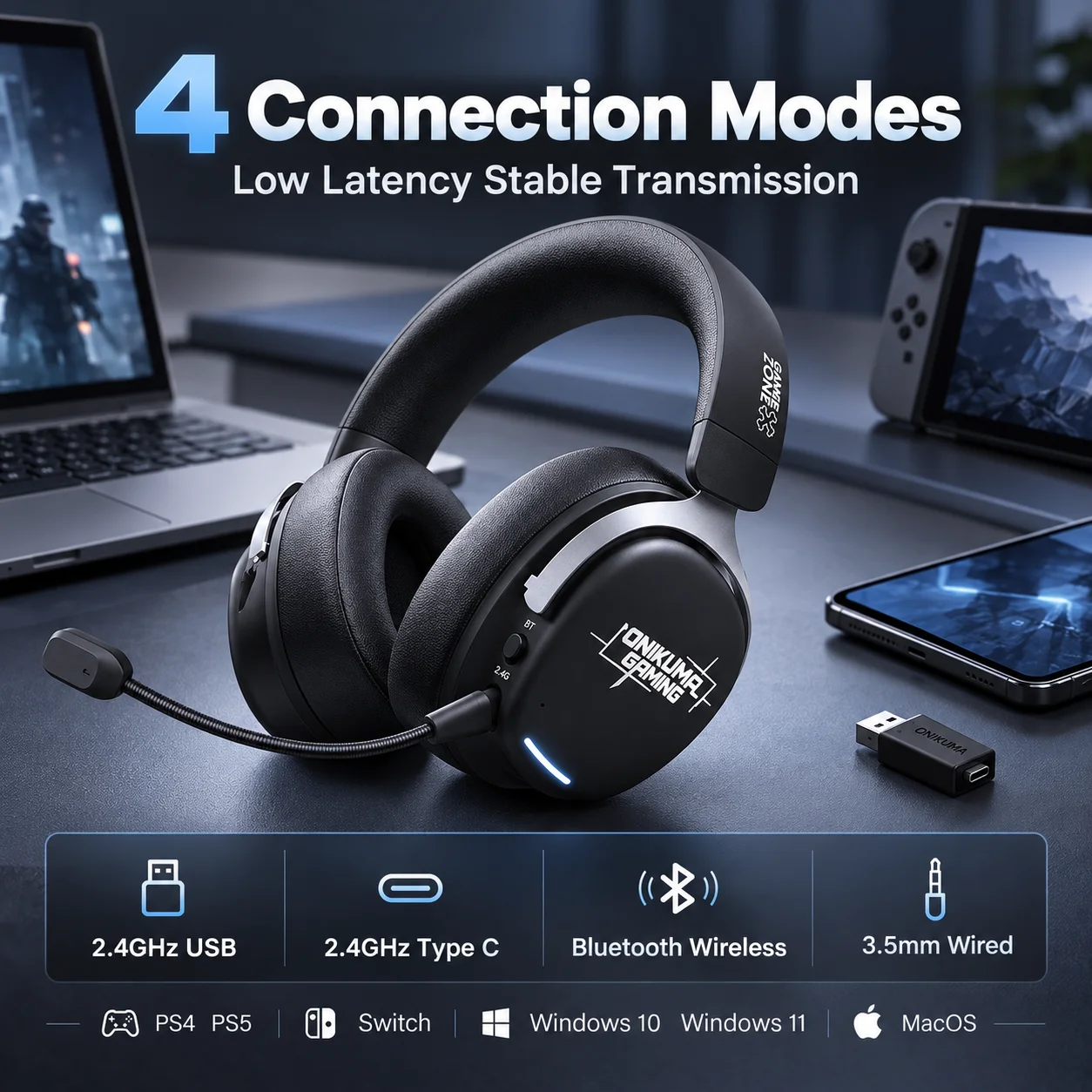 Wireless Gaming Headset 2.4GHz Low Latency Headphones With Microphone 50mm Driver Surround Sound For PC PS5 PS4 Switch Gamer
