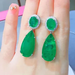 Silver Color Retro Large Water Drop Earrings for Women Simulation Paraiba Tourmaline Emerald Wedding Big Earrings Jewelry