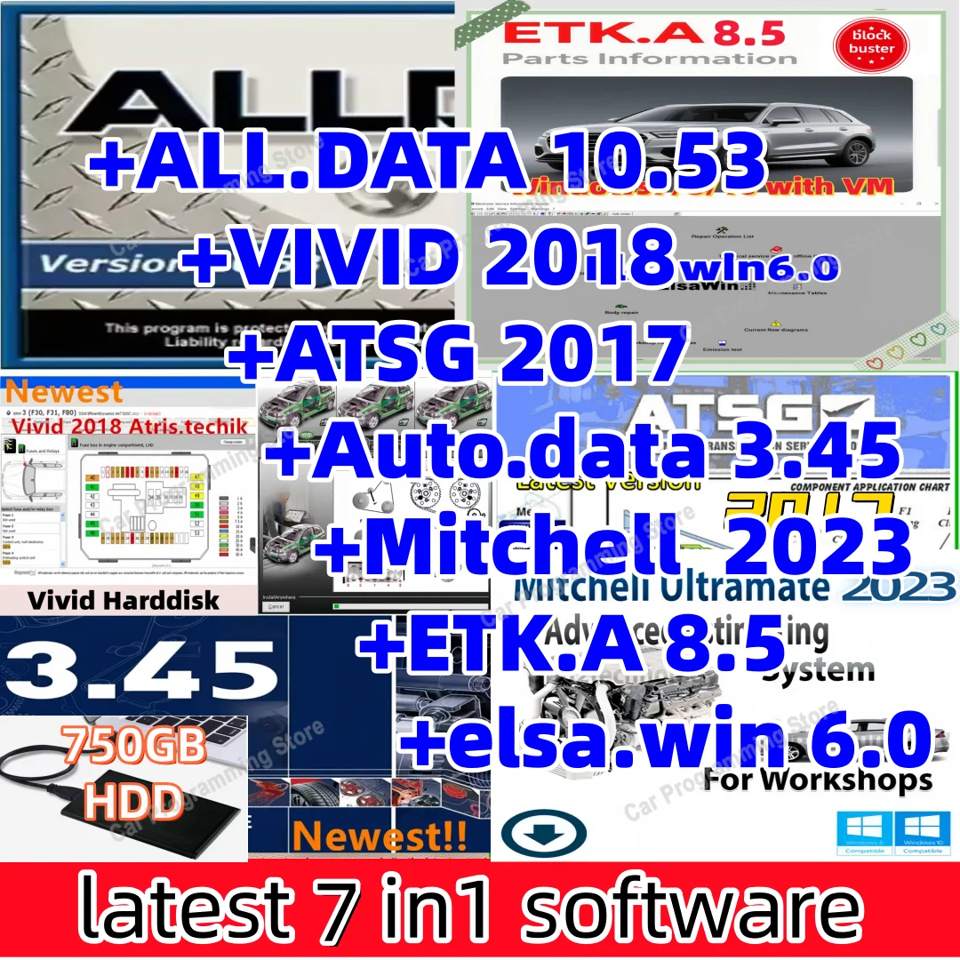 7 in 1  Alldata 10.53 Autodata 3.45 VIVID HAYNES PRO 2018.1 Mitchell Ultramate 2023 Atsg 2017 elsawin 6.0 etka 8.5 software