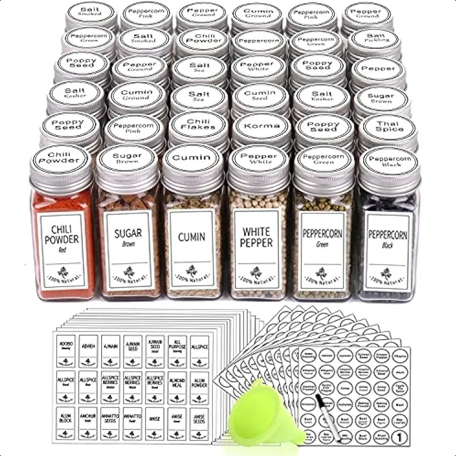 

SWOMMOLY 25 Glass Spice Jars Square Spice Bottles 4oz Empty Spice Containers with 806 White Spice Labels Pour sift Shaker Lid A