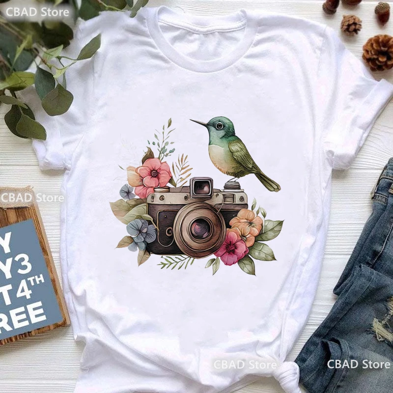 Cockatoo Parrot Camera Print Tshirt Girls Kawaii Birds Flowers T Shirt Women'S Clothing Summer Short Sleeve T-Shirt Female Tops