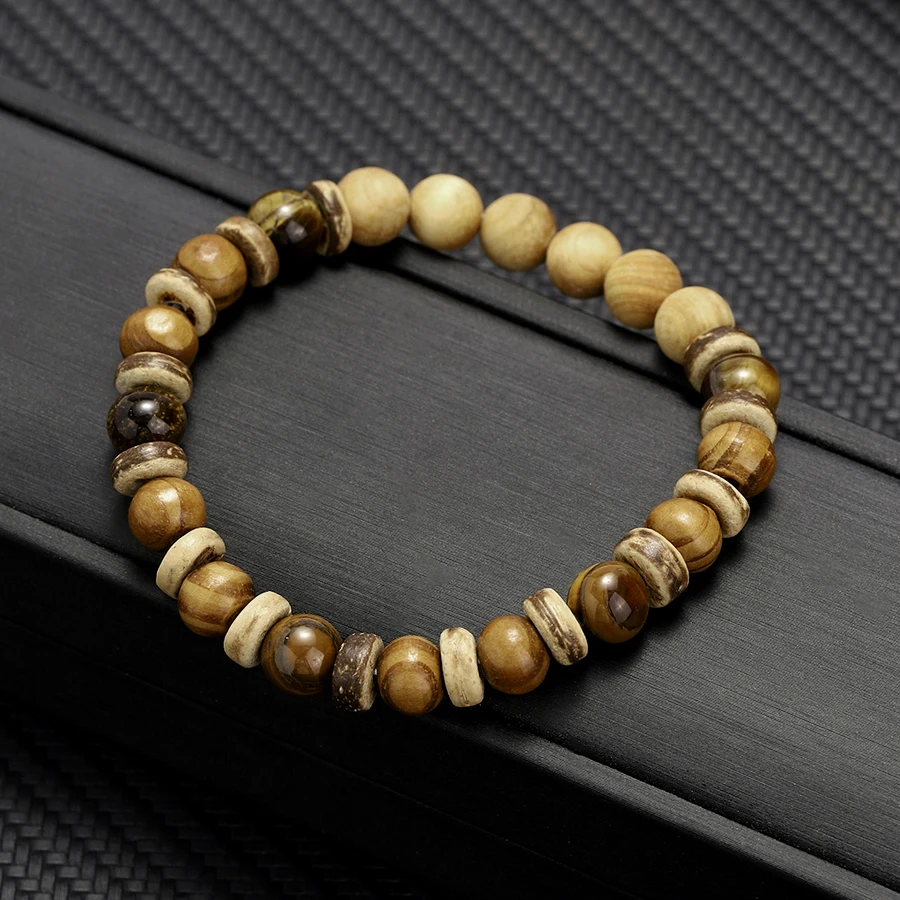 Vintage Wood Beaded Bracelet Mens Natural Stone Braslet Yoga Meditation Prayer Jewelry Tiger Eye Braclet Homme view 6
