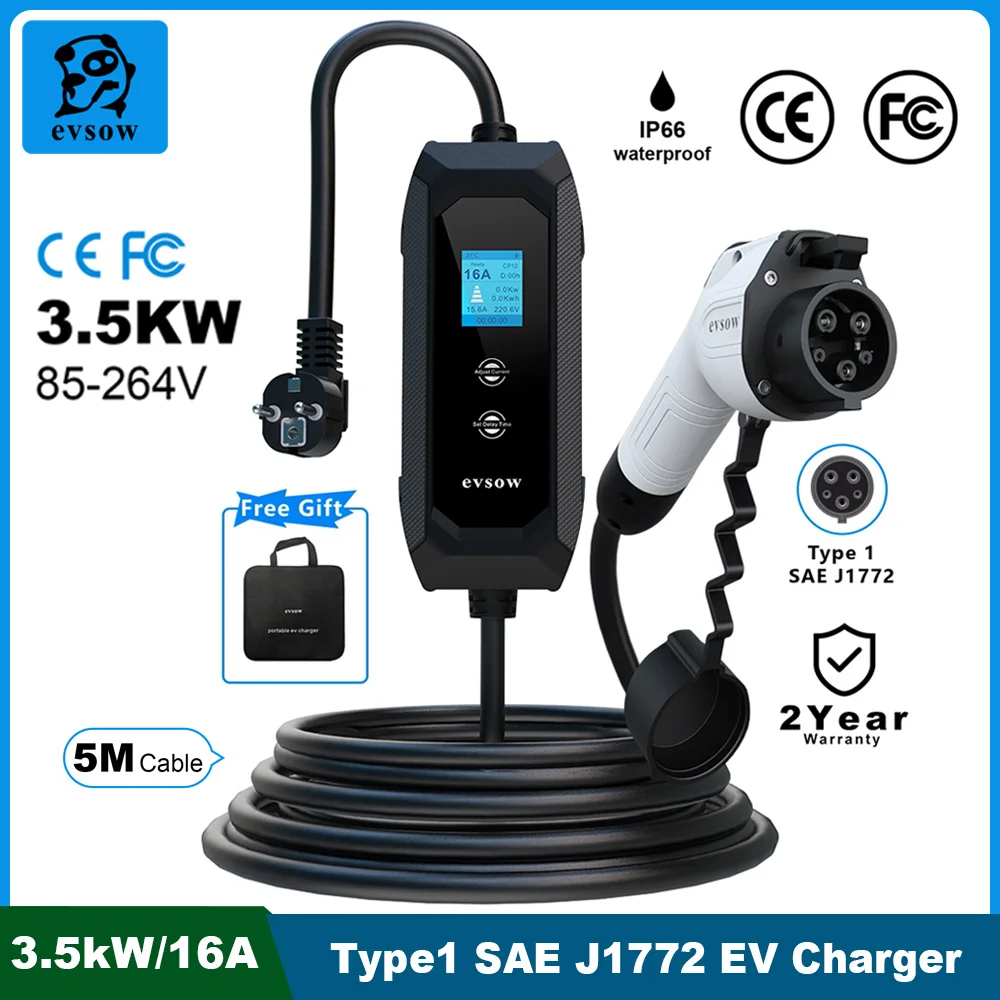 evsow شاحن سيارات كهربائية Type1 3.5KW 16A 1P J1772 شاحن سيارة كهربائية لشحن السيارة EVSE Wallbox ضبط الحالي ومجموعة وقت الشحن #1