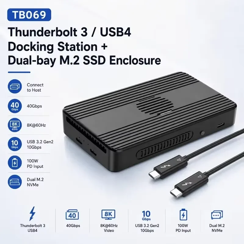 AP01 for 3 USB4 Docking Station 6 in 1 Dual Bay M.2 NVMe Enclosure 4K 10Gbps USB 100W PD 8TB Max Aluminum Housing