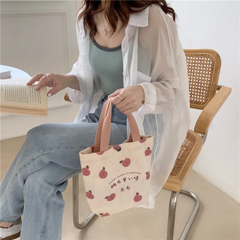 Small Canvas Women Tote Food Bag Japanese Peach Hand Lunch Bag Korean Mini Student Handbags Cotton Cloth Picnic Travel Bento