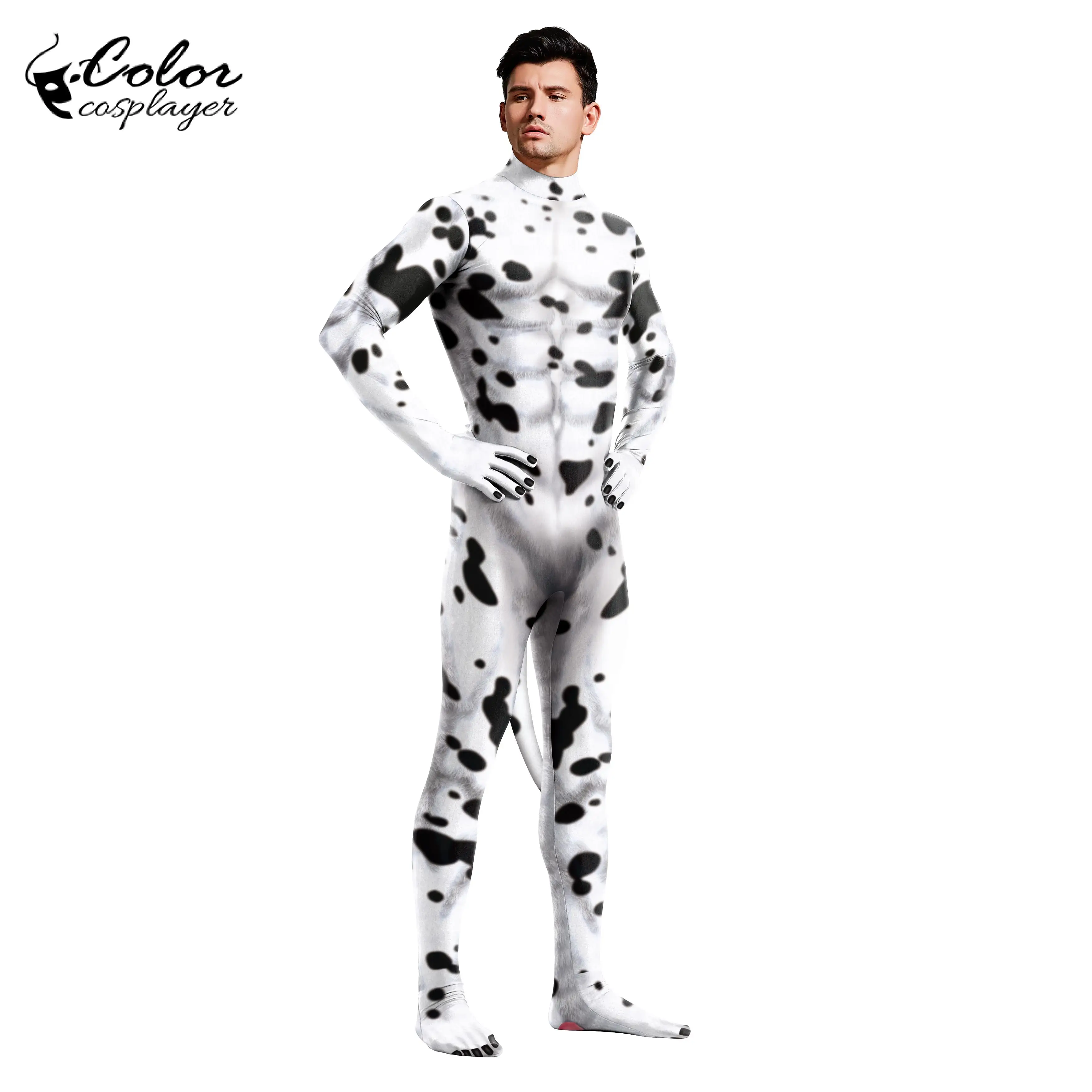 Color Cosplayer Carnival Animal Costume Couple Cosplay Catsuit Dalmatian Printed Jumpsuit Full-Cover Body with Tail Zentai