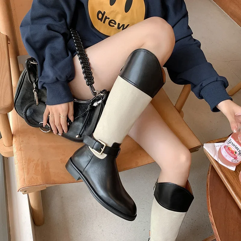 Winter Female Shoes Belt Buckle Round Toe Boots Women's Knee Boots Fashion Leather Chunky Heels Casual Footwears Zapatos Mujer