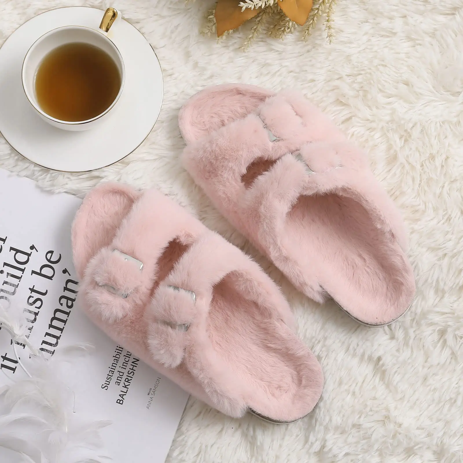 Comwarm Fluffy Fuzzy Slippers Women Winter Fur Fluffy Sandals With Double buckle Indoor Outdoor Open Toe House Flat Fur Slides