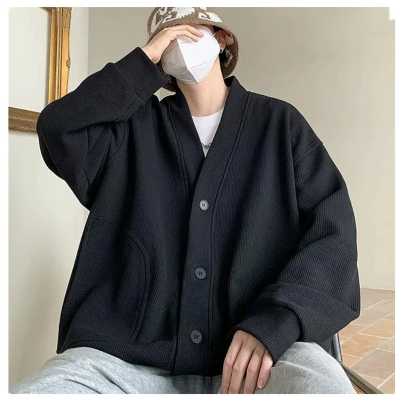 하이 엔드 남성 니트 스웨터 일본 게으른 스타일 봄 가을 재킷 두 개의 큰 주머니와 미국 복고풍 느슨한 캐주얼 코트