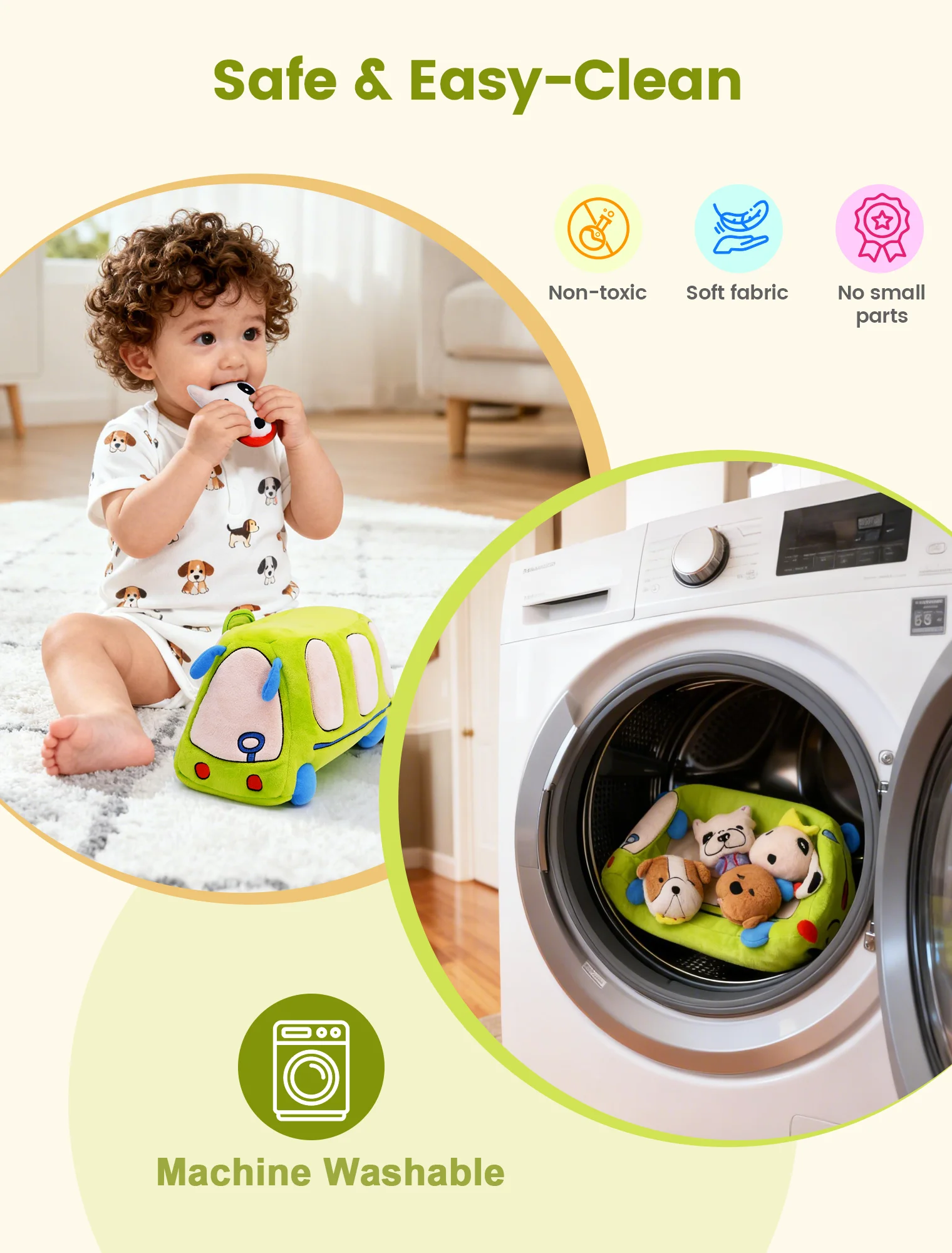 ソフトパピーバス モンテッソーリ感覚玩具 ラトルミラー付きスクイーカー 幼児向け早期教育玩具 男の子＆女の子向け