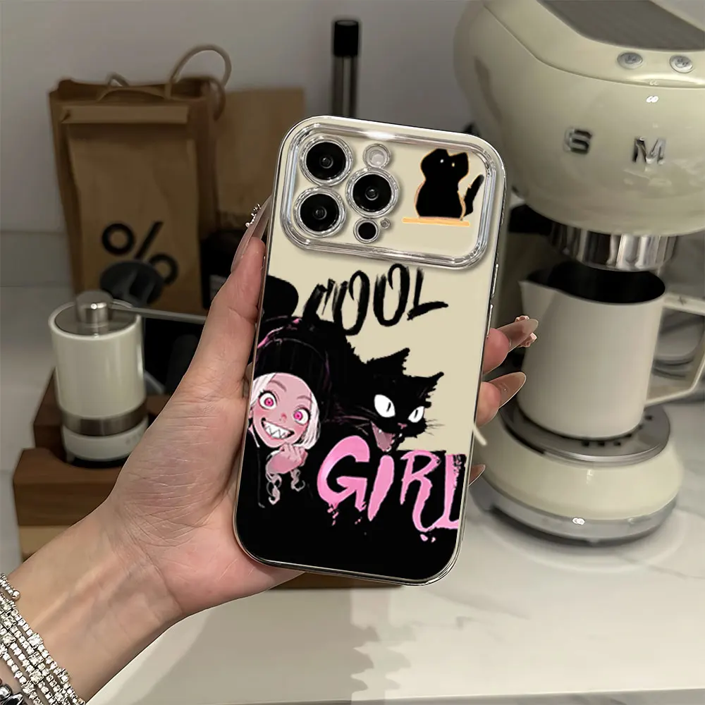 Black Cat Girl Electric Ferry Large Window Phone Case For iPhone 12 11 13 14 15 16 Pro Max Plus Shell