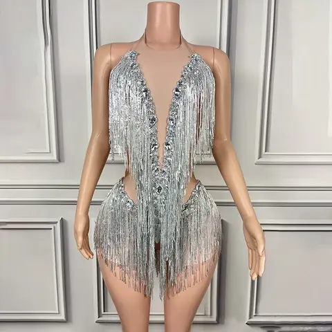 Many Colors Rhinestones Fringed Bodysuit Women Crystal Party Gogo Dancer Costume Stage Singer Festival Outfit Clubwear