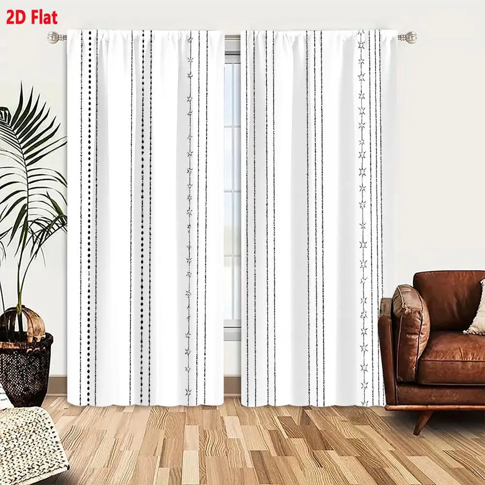 2Pcs Curtains 2D Flat Black And White Vertical Stripes Pattern With Dots And Stars Minimalist Geometric Textile Print Window Dra