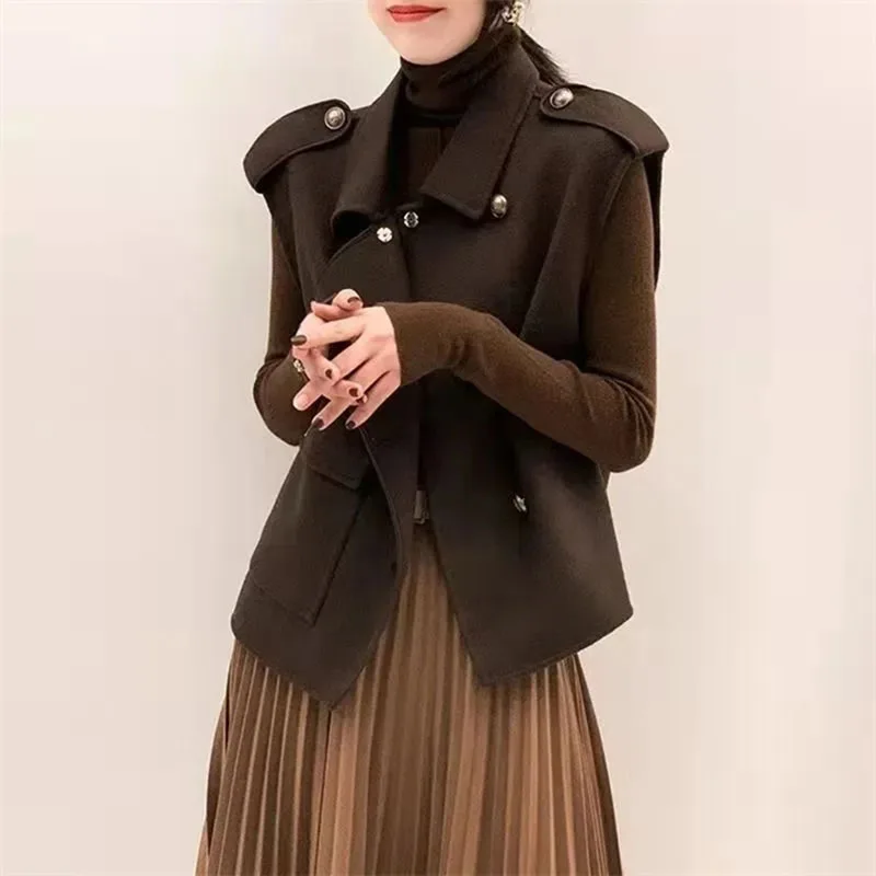 

Осень-зима, короткий шерстяной жилет, женский новый свободный костюм, воротник, Vestidos, пальто, однобортный однотонный жилет, женский