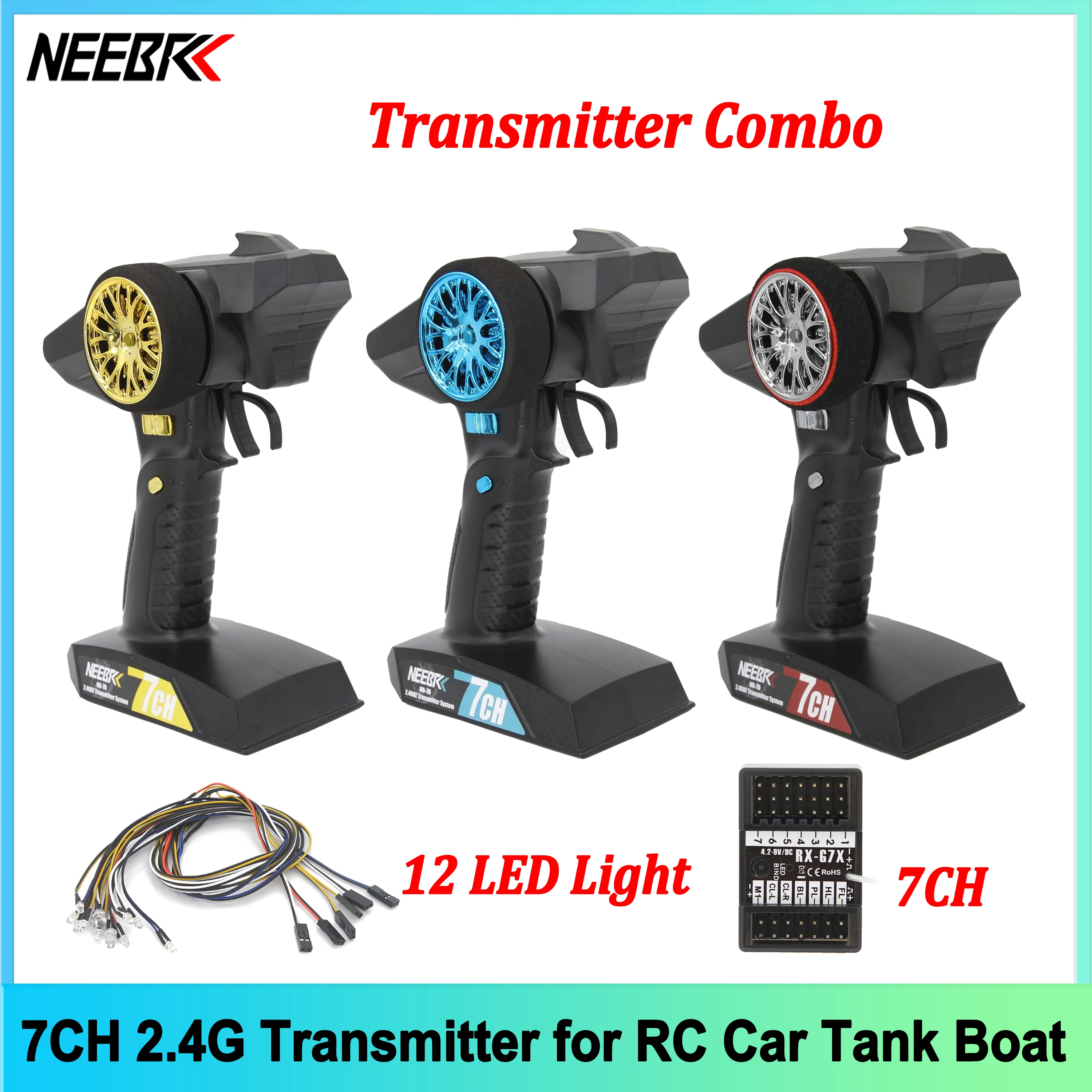 

Радиосистема дистанционного управления NEEBRC 7CH 2.4G, передатчик с 12 светодиодами, водонепроницаемый приемник 3-в-1 для радиоуправляемых моделей автомобилей, танков, лодок