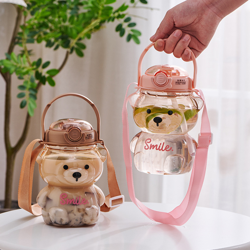  1000ml Large Capacity Cartoon Bear Plastic Sippy Cup Children's Portable Backpack Kettle Water Bottle Mug with Straw Girl's Cup 