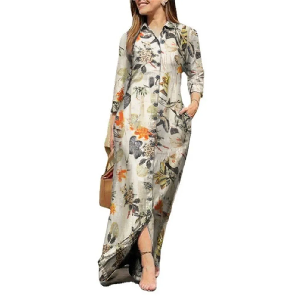 Dames Vakantie Jurk Casual Print Lange Jurken Revers Lange Mouw Gewaad Lange Gebloemde Katoenen Jurk Met Knoopsluiting Shirt Lange Vestidos